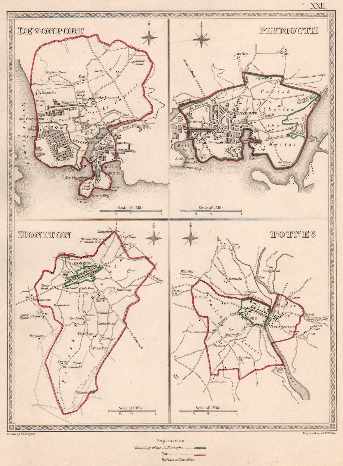 DEVON TOWNS. Devonport Plymouth Honiton Totnes plans. CREIGHTON/WALKER 1835 map